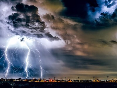 Impressive lightning storm over a city.